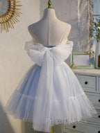 Blue sweetheart neck tulle lace short Formal Prom Dress blue puffy homecoming Dress