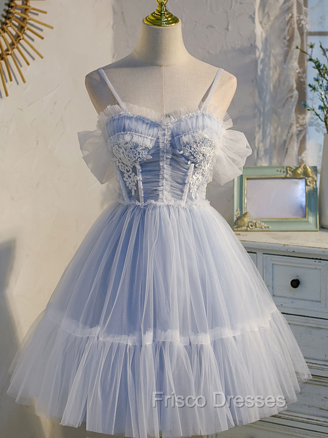 Blue sweetheart neck tulle lace short Formal Prom Dress blue puffy homecoming Dress Main image