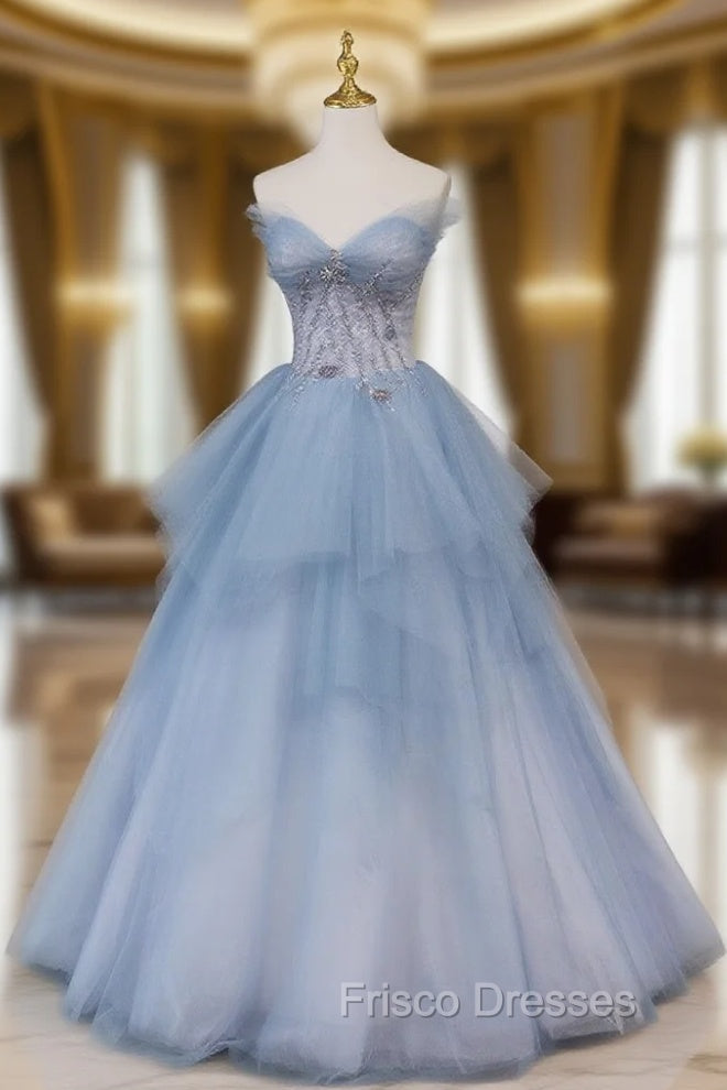 Blue Sweetheart Neck Tulle Long Formal Prom Gown, Blue Long Formal Graduation Dress