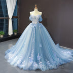 Blue Sweetheart Off Shoulder with Lace Applique Party Dress, Blue Sweet 16 Dress