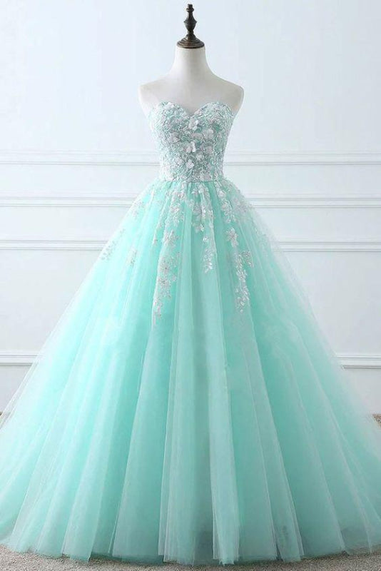 Blue Sweetheart Puffy Tulle Prom with Lace Appliques Long Graduation Dress Main image