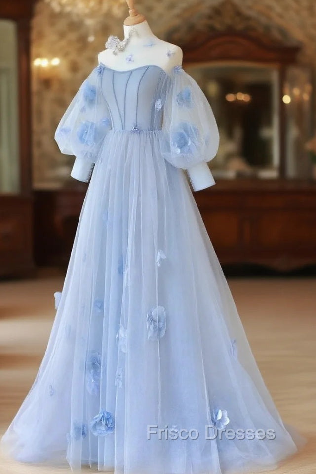 Blue Sweetheart Tulle 3D Flower Long Formal Prom Dress, Blue Evening Dress