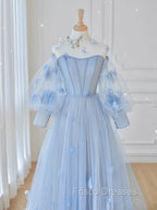 Blue Sweetheart Tulle 3D Flower Long Formal Prom Dress, Blue Evening Dress