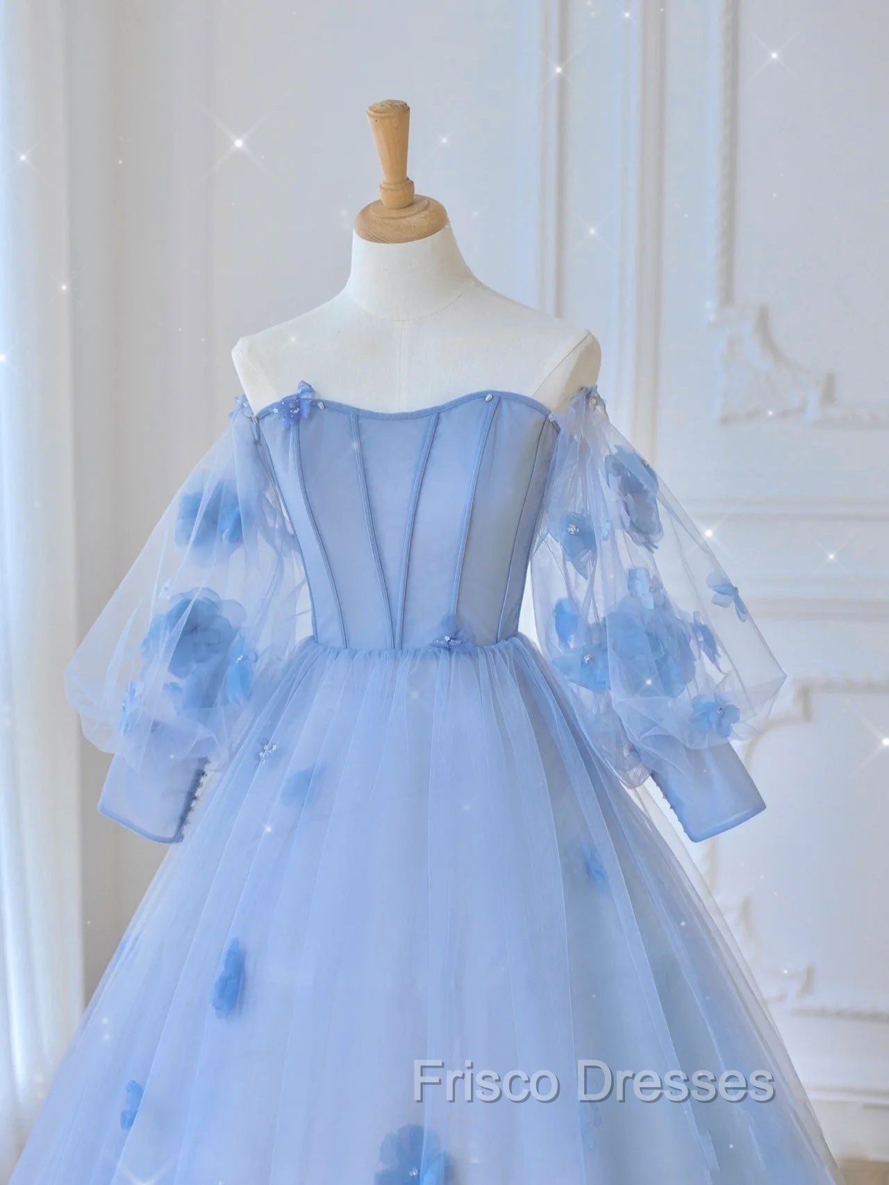 Blue Sweetheart Tulle 3D Flower Long Formal Prom Dress, Blue Evening Dress