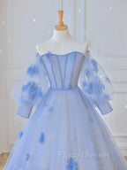 Blue Sweetheart Tulle 3D Flower Long Formal Prom Dress, Blue Evening Dress