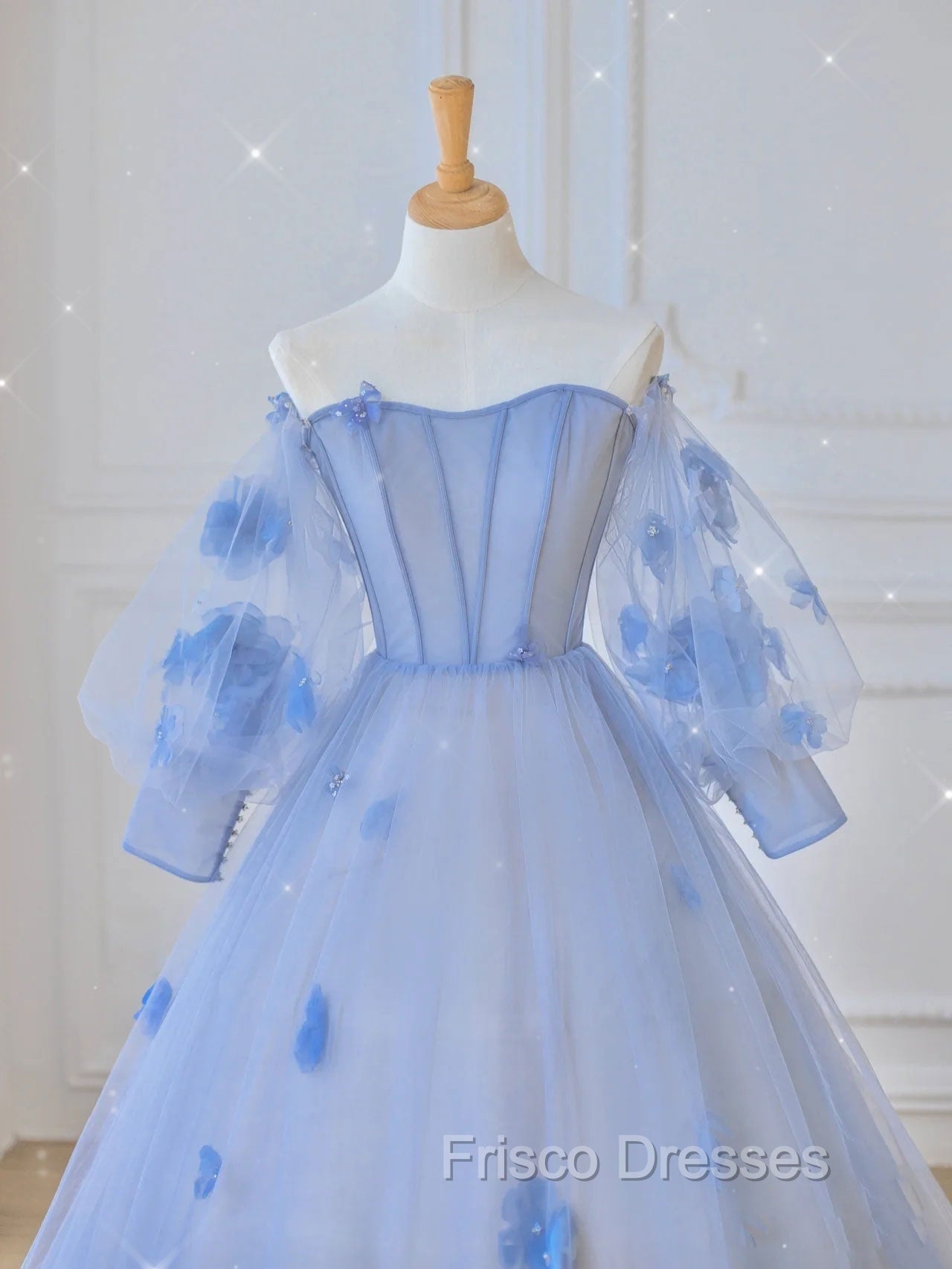 Blue Sweetheart Tulle 3D Flower Long Formal Prom Dress, Blue Evening Dress