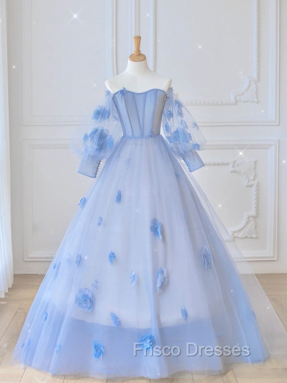 Blue Sweetheart Tulle 3D Flower Long Formal Prom Dress, Blue Evening Dress