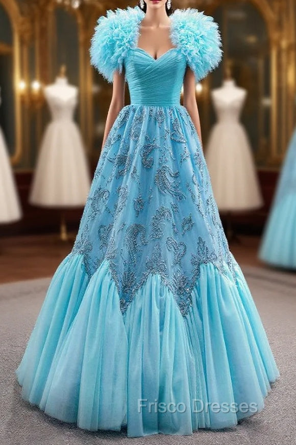 Blue Sweetheart Tulle Appliques Beading Pleats Formal Prom Dress Main image