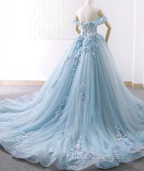 Blue Sweetheart Tulle Lace Long Formal Prom Dress, Blue Wedding Dress