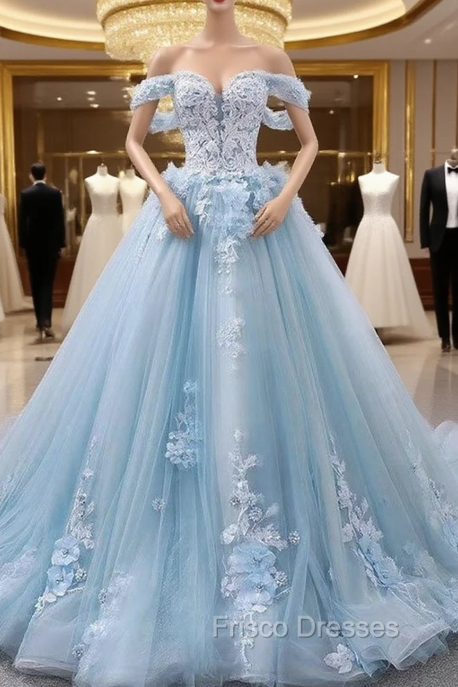 Blue Sweetheart Tulle Lace Long Formal Prom Dress, Blue Wedding Dress Main image
