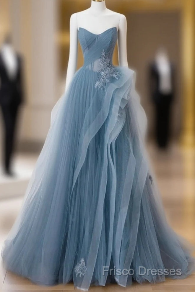 Blue Sweetheart Tulle Layers Long Formal Dress, Blue Long Party Dress Formal Prom Dress Main image