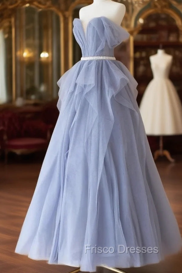Blue Sweetheart Tulle Off-the-Shoulder Floor-Length Formal Prom Dress, Blue Evening Gown Secondary image