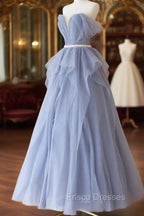 Blue Sweetheart Tulle Off-the-Shoulder Floor-Length Formal Prom Dress, Blue Evening Gown