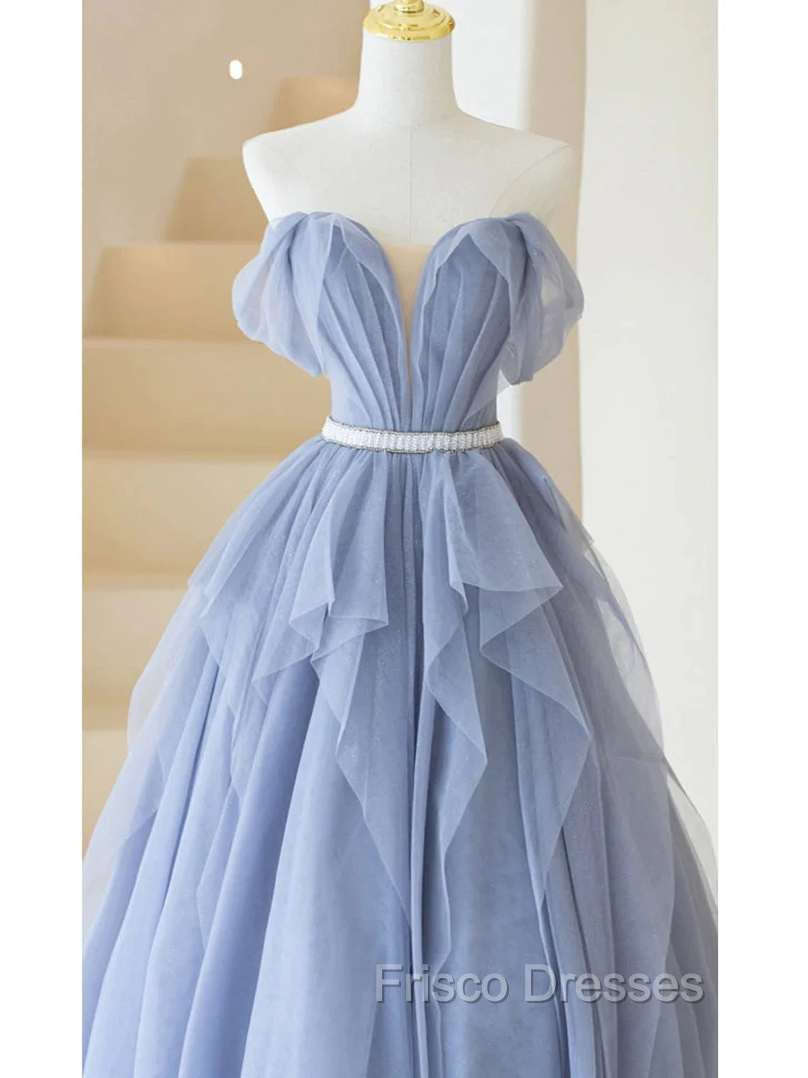 Blue Sweetheart Tulle Off-the-Shoulder Floor-Length Formal Prom Dress, Blue Evening Gown