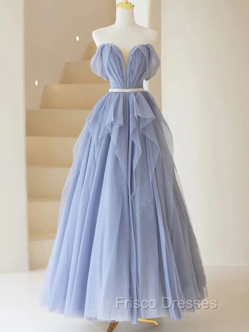 Blue Sweetheart Tulle Off-the-Shoulder Floor-Length Formal Prom Dress, Blue Evening Gown