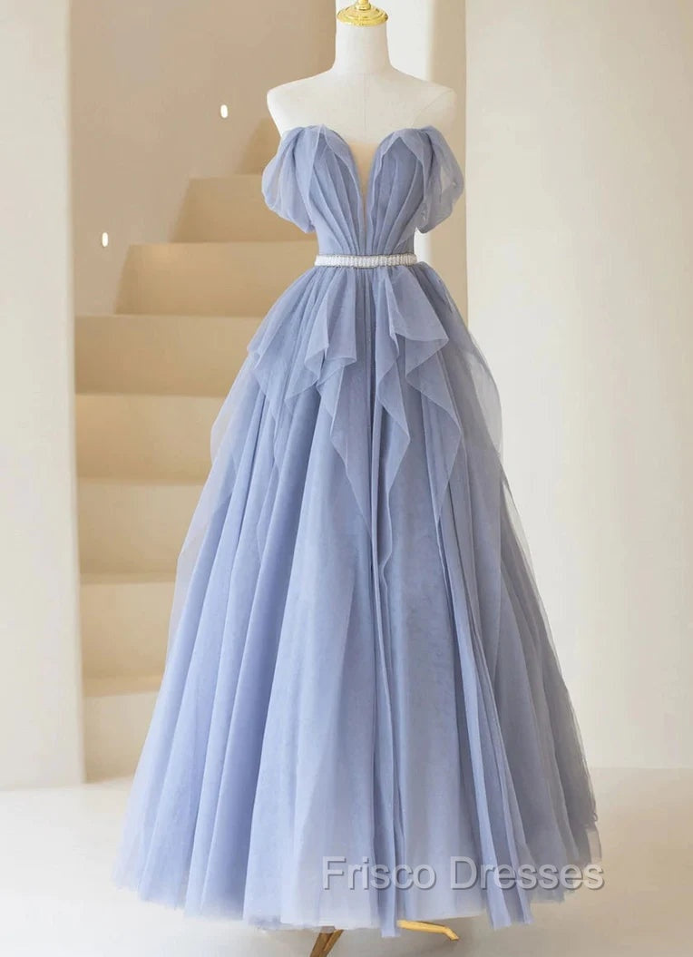 Blue Sweetheart Tulle Off-the-Shoulder Floor-Length Formal Prom Dress, Blue Evening Gown Main image