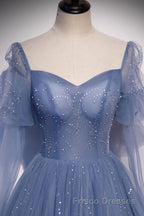 Blue sweetheart tulle sequin long Formal Prom Dresses blue formal Dresses