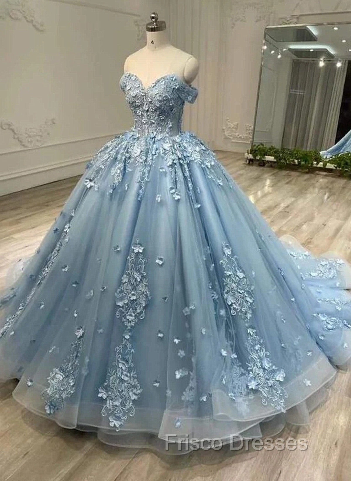 Blue Sweetheart Tulle with Lace Applique Off Shoulder Party Dress, Blue Sweet 16 Dress Secondary image