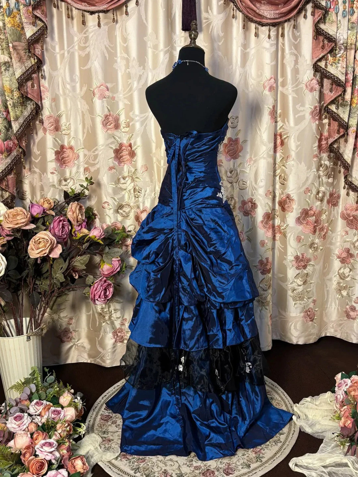 Blue Taffeta With Lace Strapless Long Formal Dress, Blue Taffeta Sweetheart Prom Dress Secondary image
