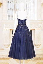 Blue Tea Length Tulle Formal Prom Dress, Blue Tulle Bridesmaid Dress