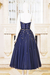 Blue Tea Length Tulle Prom Dress, Blue Tulle Bridesmaid Dress