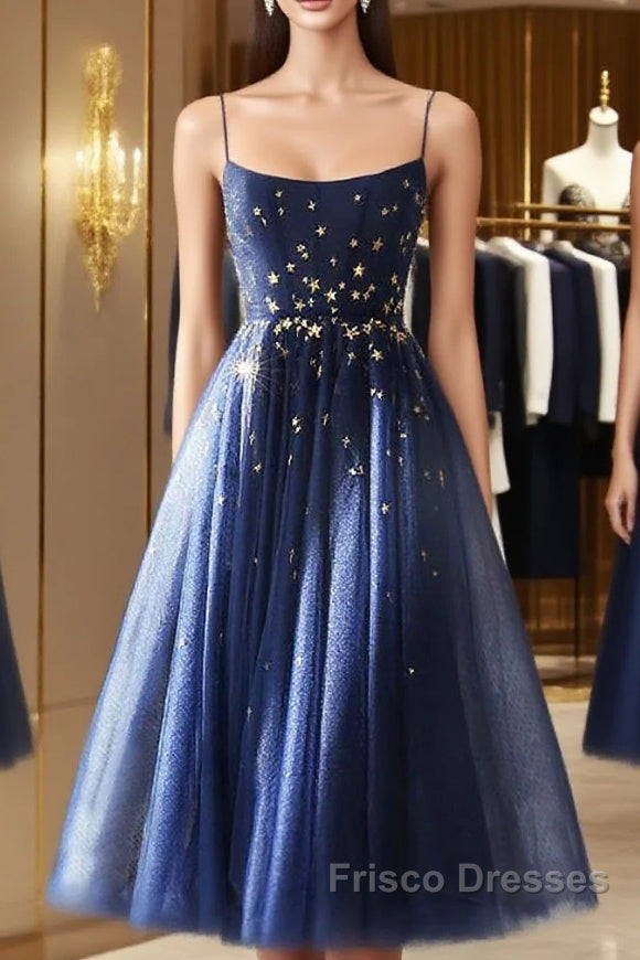 Blue Tea Length Tulle Formal Prom Dress, Blue Tulle Bridesmaid Dress