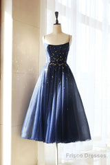 Blue Tea Length Tulle Prom Dress, Blue Tulle Bridesmaid Dress