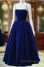 Blue Tea Length Velvet Straps Pearls Formal Dress, Blue Homecoming Dress
