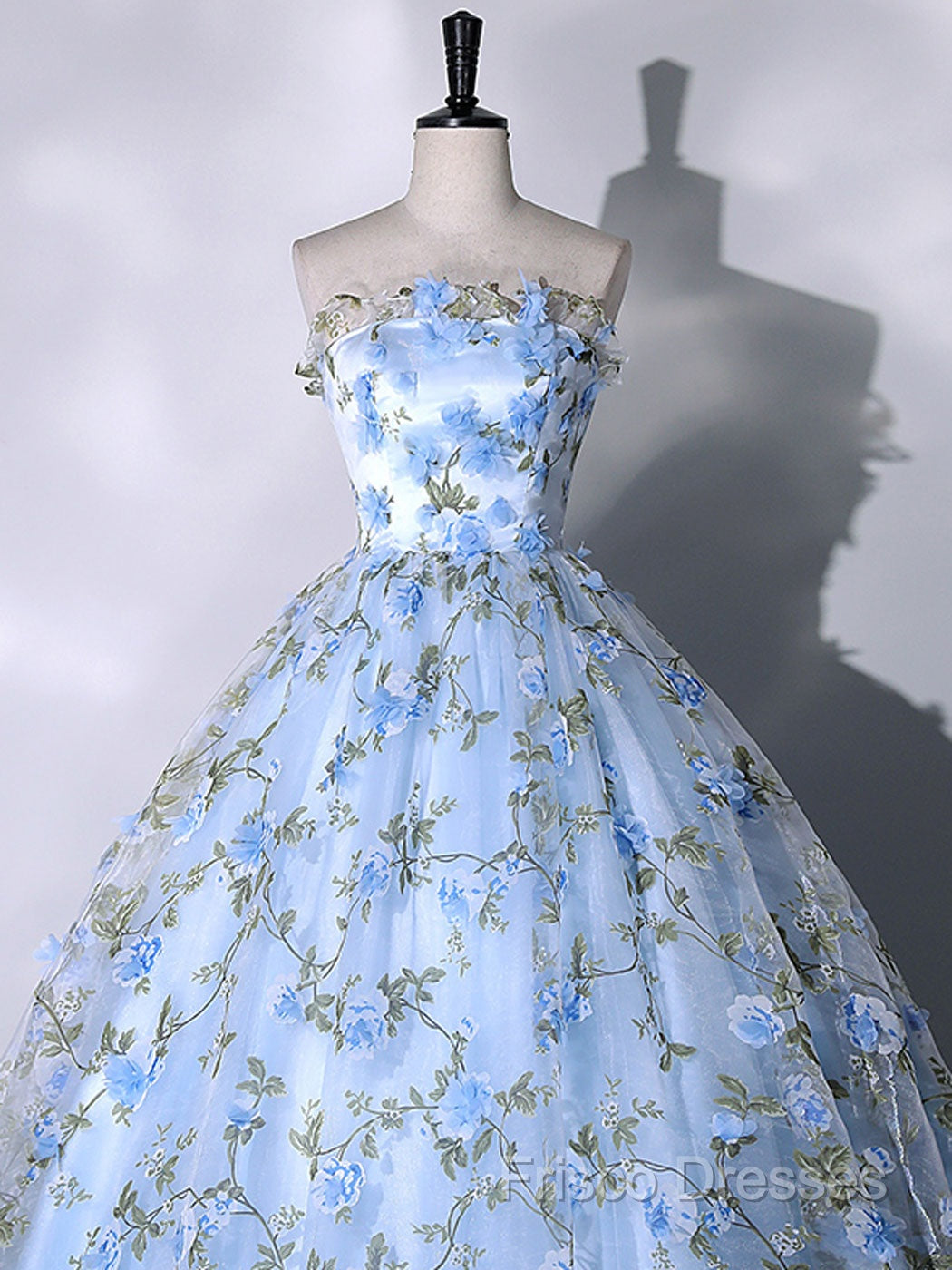 Blue Tulle 3 D Applique Long Formal Prom Dress, Blue Formal Dress
