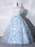 Blue Tulle 3 D Applique Long Formal Prom Dress, Blue Formal Dress