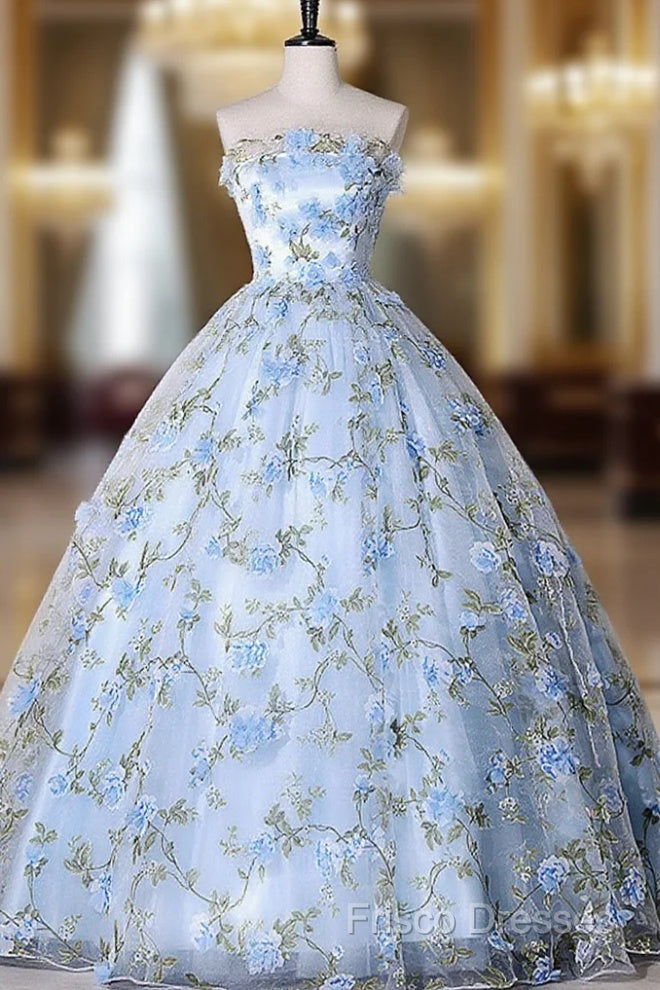Blue Tulle 3 D Applique Long Formal Prom Dress, Blue Formal Dress