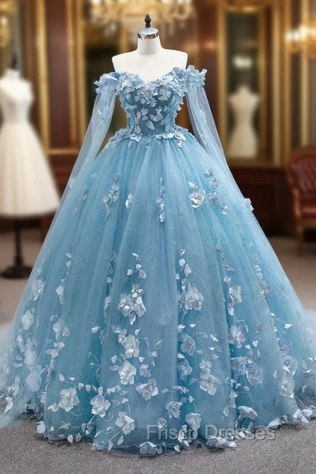 Blue Tulle 3D Appliques Off the Shoulder Formal Prom Dress Main image