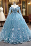Blue Tulle 3D Appliques Off the Shoulder Formal Prom Dress