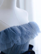 Blue Tulle A-Line Off Shoulder Long Party Dress, Blue Scoop Formal Prom Dress Formal Dress