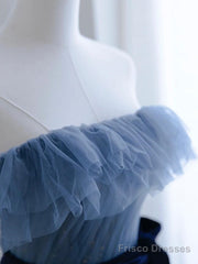 Blue Tulle A-Line Off Shoulder Long Party Dress, Blue Scoop Prom Dress Evening Dress