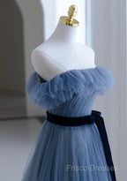 Blue Tulle A-Line Off Shoulder Long Party Dress, Blue Scoop Formal Prom Dress Formal Dress