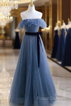 Blue Tulle A-Line Off Shoulder Long Party Dress, Blue Scoop Formal Prom Dress Formal Dress
