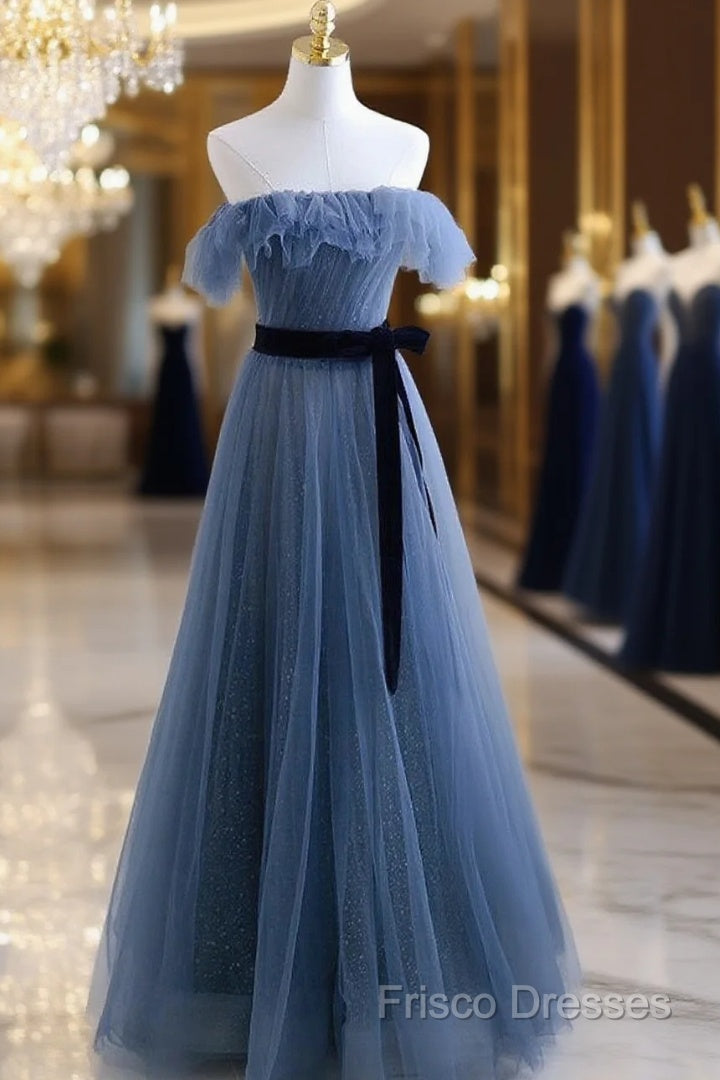 Blue Tulle A-Line Off Shoulder Long Party Dress, Blue Scoop Formal Prom Dress Formal Dress