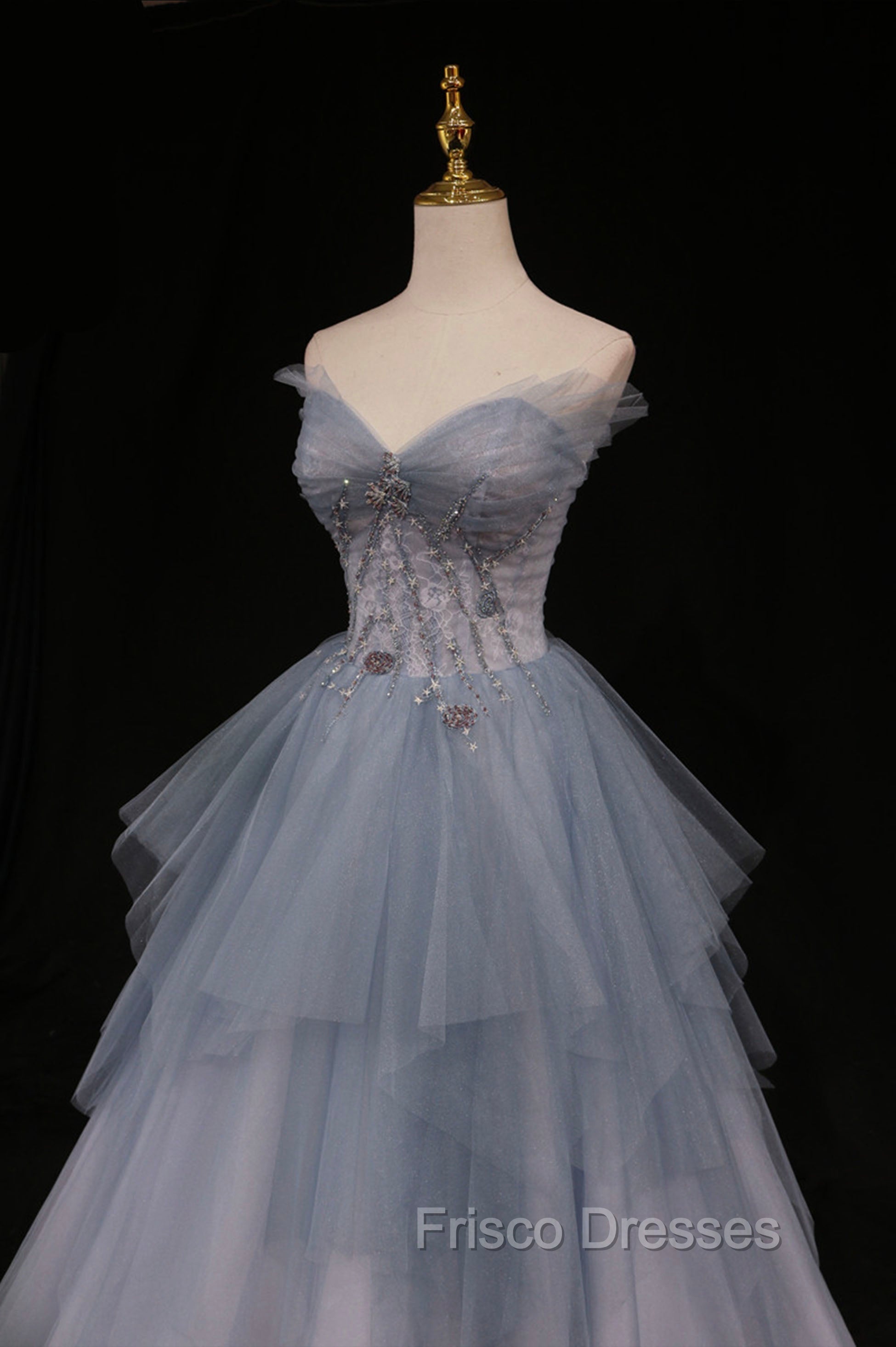 Blue Tulle A-Line Strapless Long Formal Prom Dress, Blue Evening Party Dress Secondary image