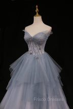 Blue Tulle A-Line Strapless Long Formal Prom Dress, Blue Evening Party Dress