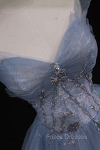 Blue Tulle A-Line Strapless Long Formal Prom Dress, Blue Evening Party Dress