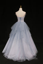 Blue Tulle A-Line Strapless Long Formal Prom Dress, Blue Evening Party Dress