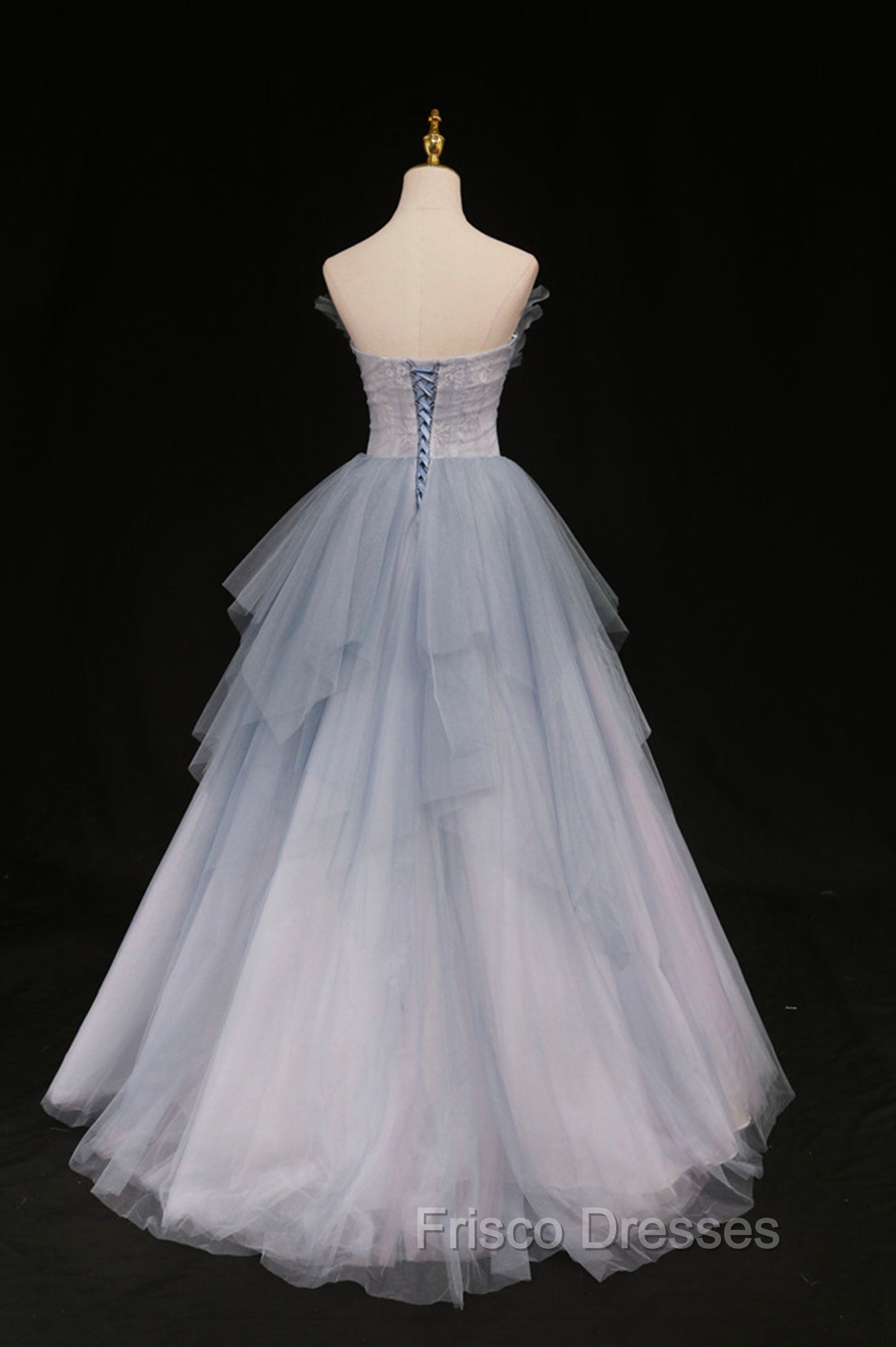 Blue Tulle A-Line Strapless Long Formal Prom Dress, Blue Evening Party Dress