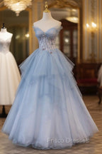 Blue Tulle A-Line Strapless Long Formal Prom Dress, Blue Evening Party Dress