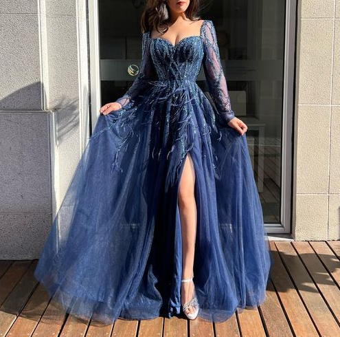 Blue Long Sleeves Slit Prom Dress Long Party Dress Evening Dress Main image