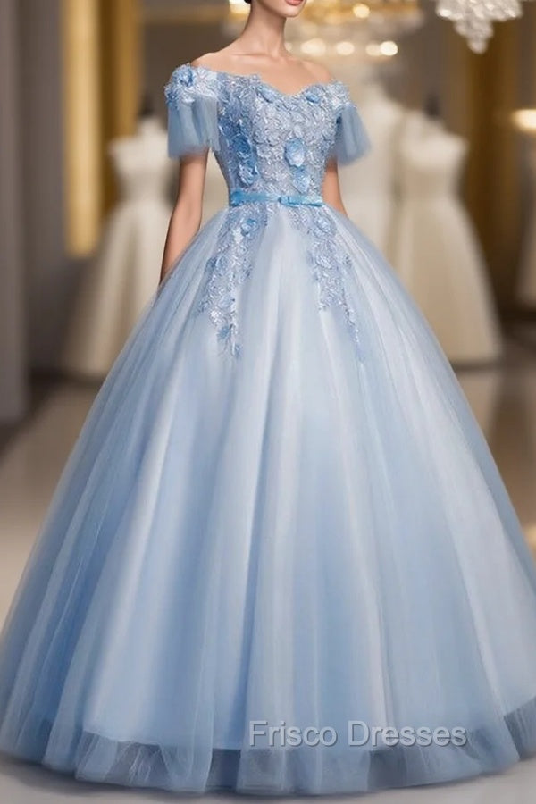 Blue Tulle Appliques Off the Shoulder Quinceanera Dress