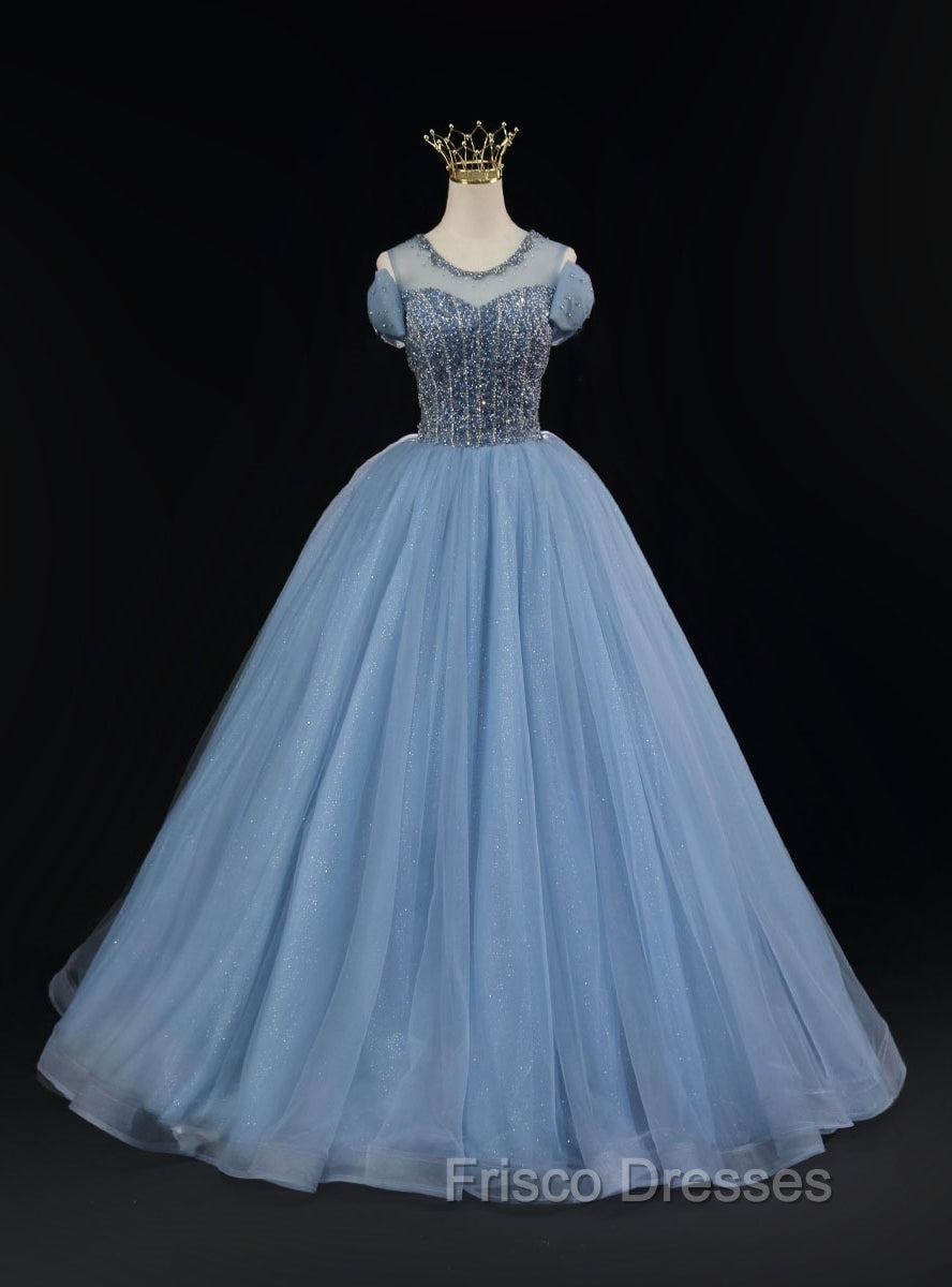 Blue Tulle Backless Beading Bow Formal Prom Dress