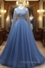 Blue Tulle Backless Beading Formal Prom Dress