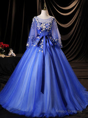 Blue Tulle Backless Sequins Appliques Quinceanera Dress