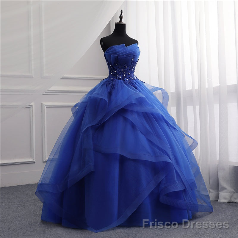 Blue Tulle Ball Gown Lace Beaded Long Quinceanera Dresses, Blue Sweet 16 Dress Wedding Party Dress Secondary image